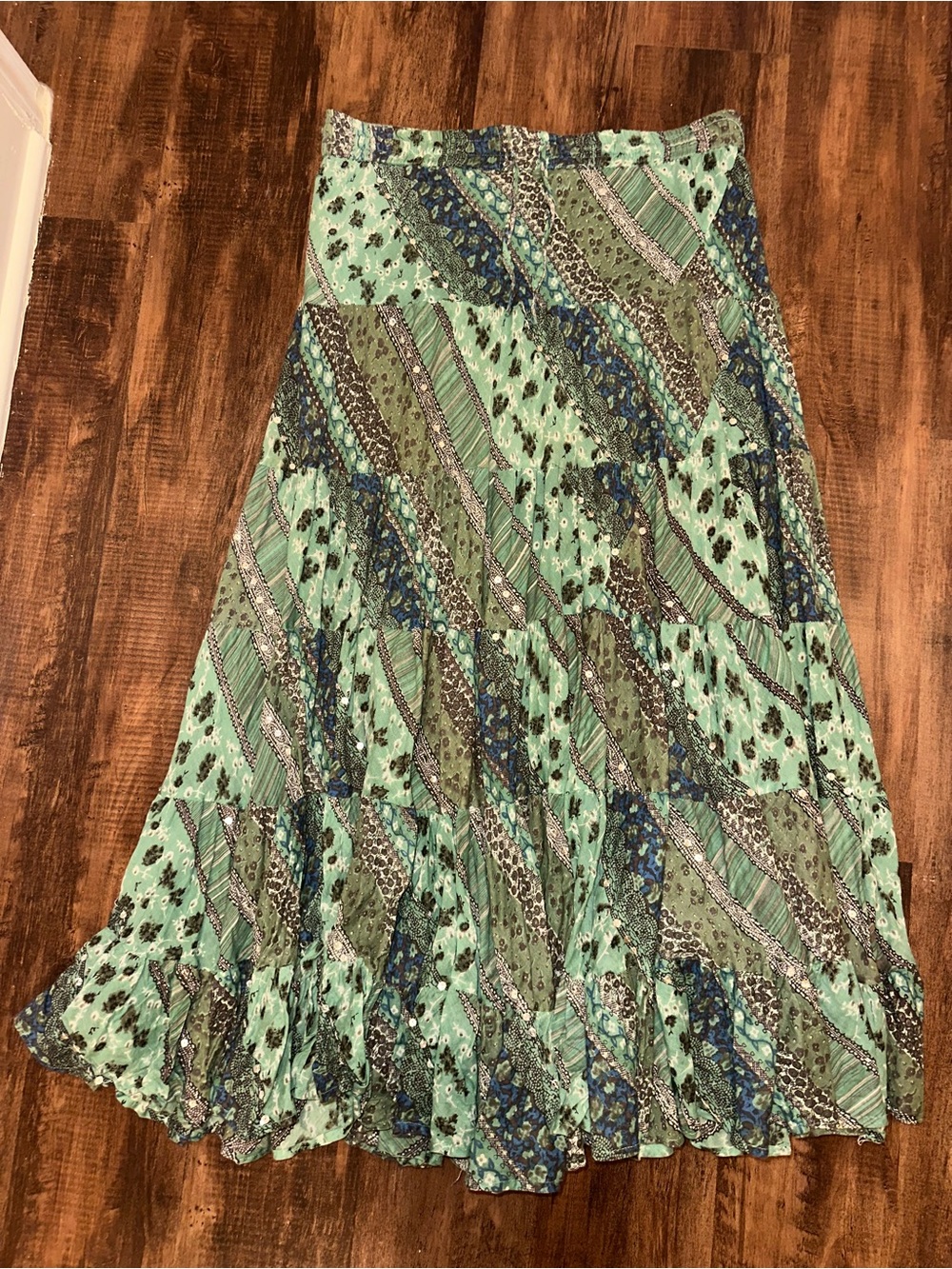 100% cotton Green Patterned Tiered Maxi Skirt boho